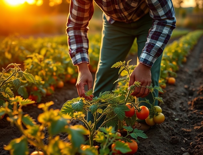 Farmer tending crops